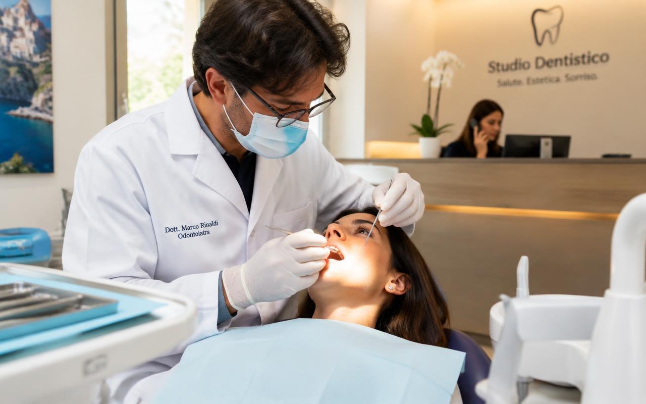 Dentista al lavoro con una paziente in studio