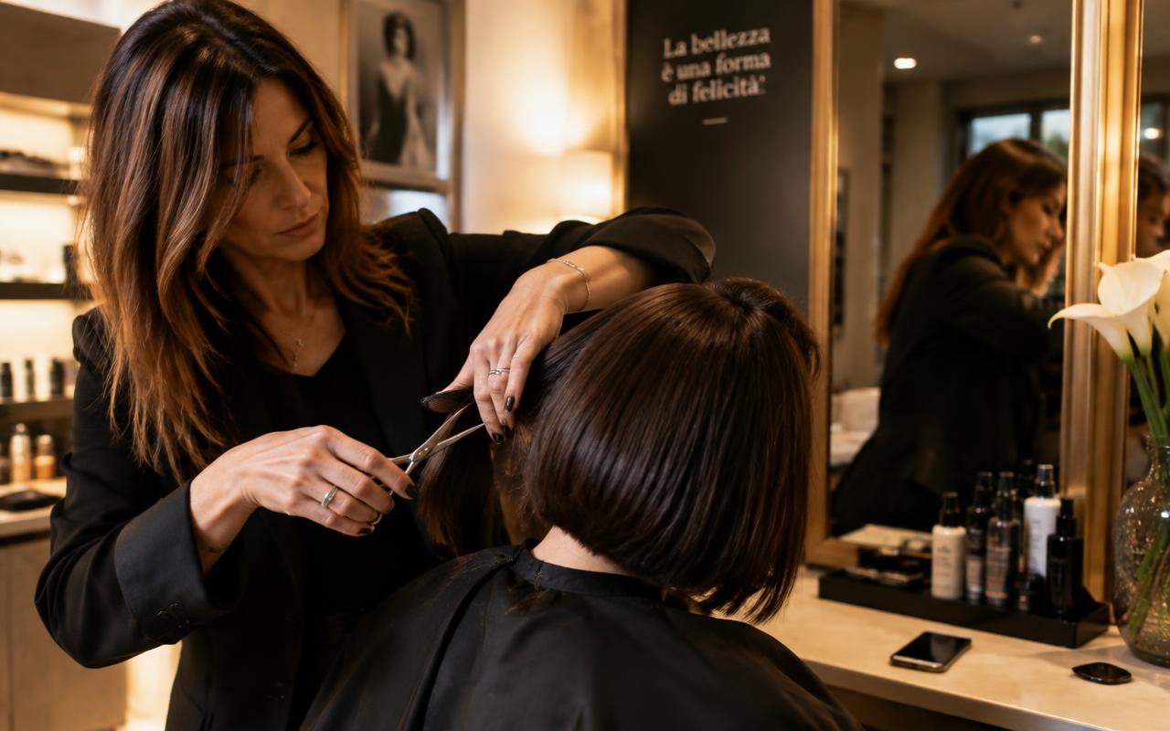 Parrucchiera che taglia i capelli a una cliente