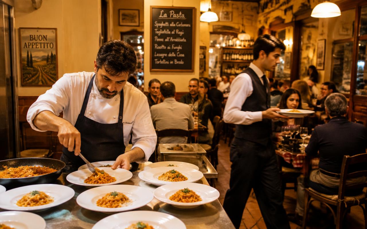 Chef e cameriere al lavoro in una trattoria piena